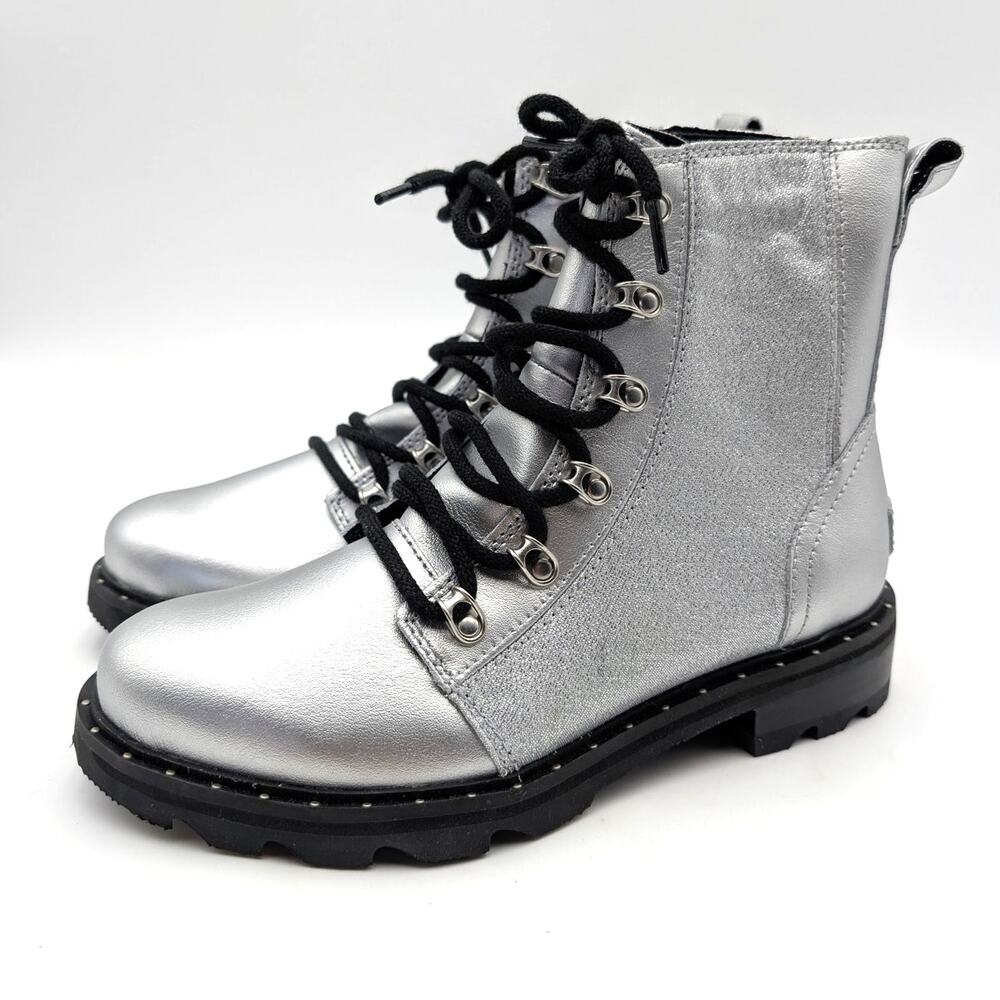 Sorel Lennox Lace-Up Ankle Boots Round Toe Women's Silver Metallic Size US8 EU39